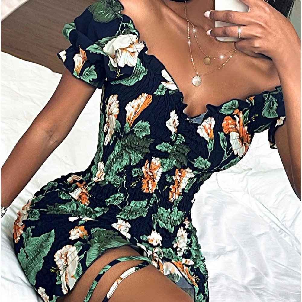 Floral Drawstring Front Bodycon Dress
